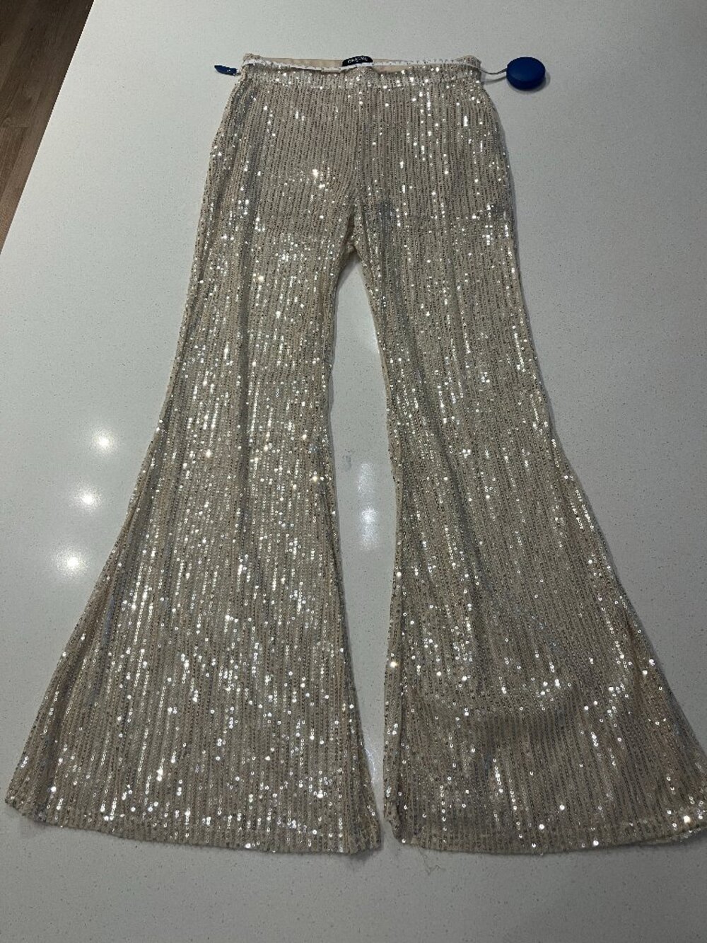 Gold Sequin Flare Pants | Lined to Knee | Waist 28" | Disco Glam | Night Out